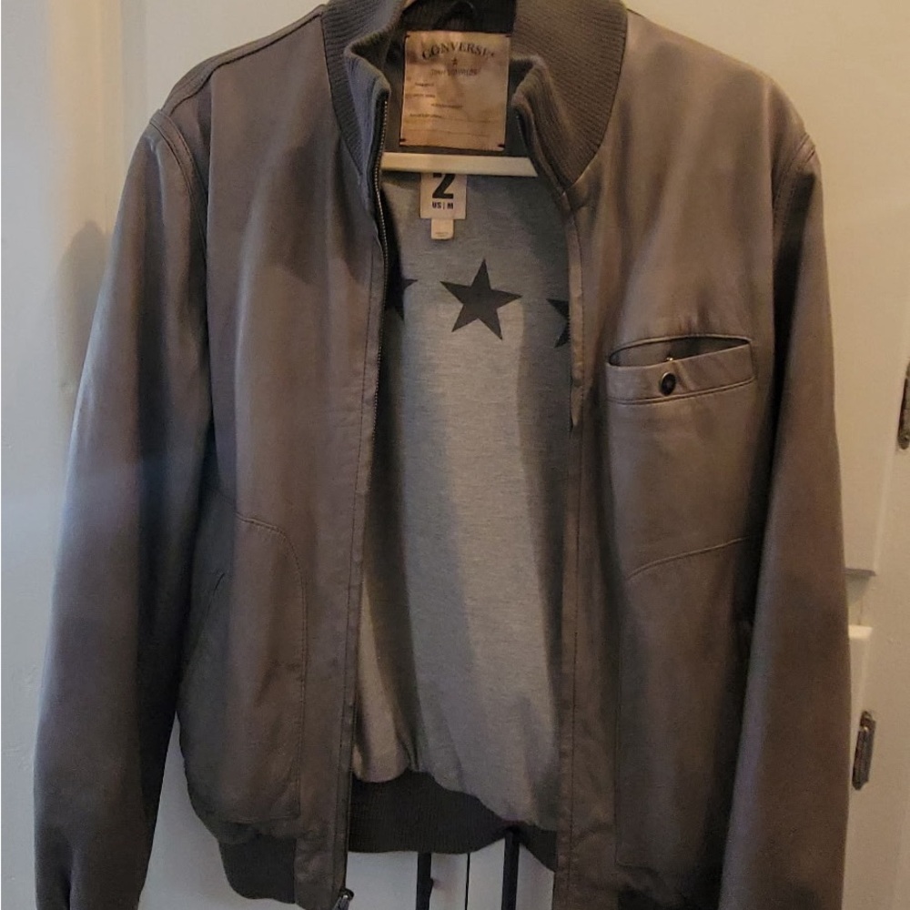 VTG Converse Gray Varsity Leather Bomber Jacket - Lightweight